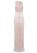 Tatyanah Crystal Tassel Maxi Dress In Nude