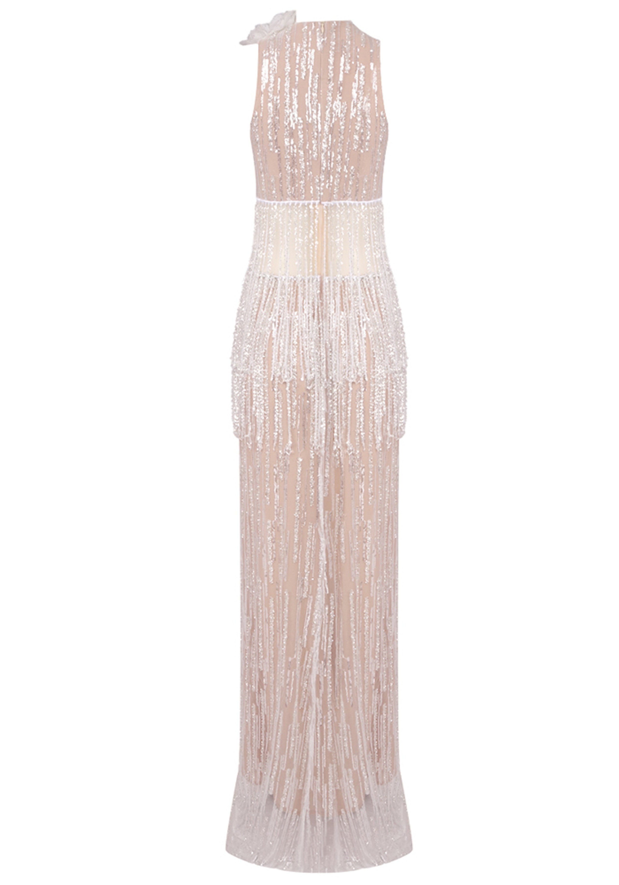 Tatyanah Crystal Tassel Maxi Dress In Nude