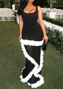 Aeris Ruffle Mesh Maxi Dress In Black White