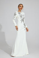 Romaine Long Sleeve Embellished Floral Detail Maxi Dress In White