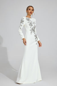 Romaine Long Sleeve Embellished Floral Detail Maxi Dress In White