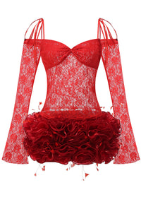 Blythessa Long Sleeve Lace Floral Ruffle Mini Dress In Red
