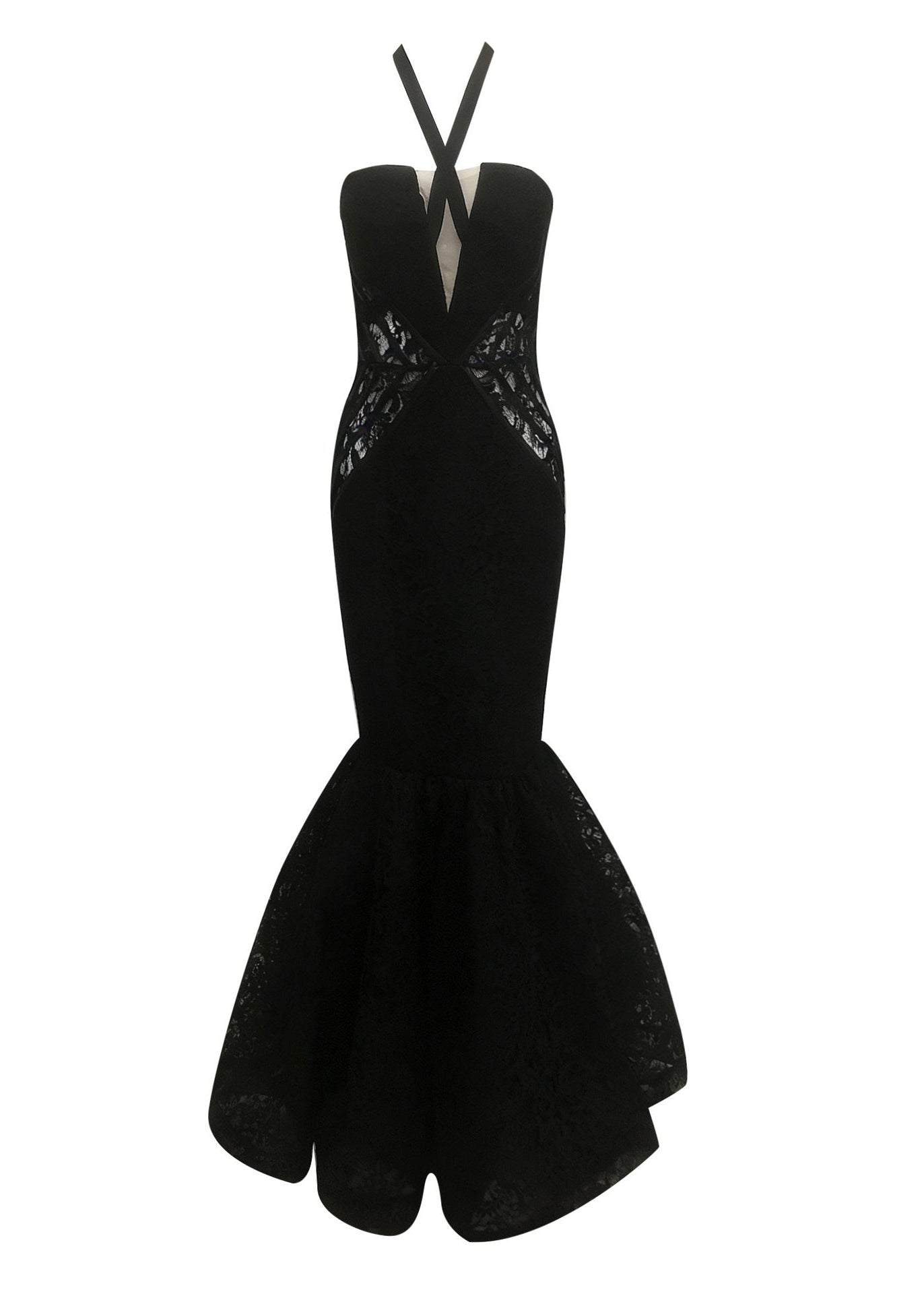 Kaldi Halter Lace Insert Mermaid Maxi Dress In Black