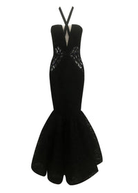 Kaldi Halter Lace Insert Mermaid Maxi Dress In Black