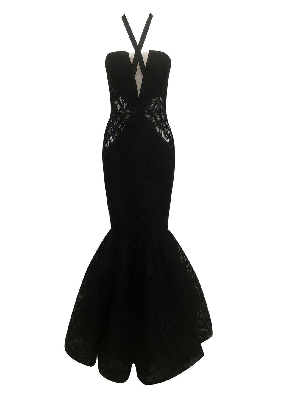 Kaldi Halter Lace Insert Mermaid Maxi Dress In Black