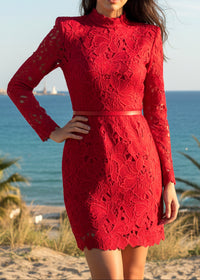 Geyera Long Sleeve Crochet Mini Dress In Red