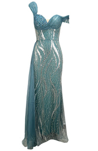 Ahulani Bardot Crystal Bustier Sequin Maxi Dress In Green