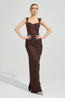 Luxyvar Lace Bustier Draped Maxi Dress In Brown