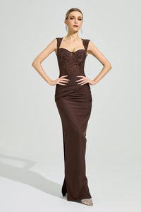 Luxyvar Lace Bustier Draped Maxi Dress In Brown