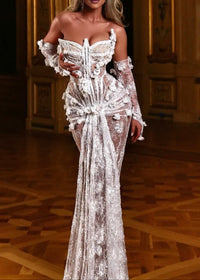 Kexar Strapless Pearl Sequin Lace Corset Maxi Dress In White