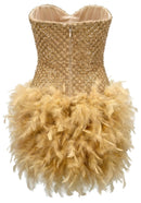Geodar Crystal Strapless Feather Mini Dress In Gold