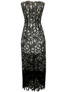 Avena Strapless Floral Corset Midi Dress In Black