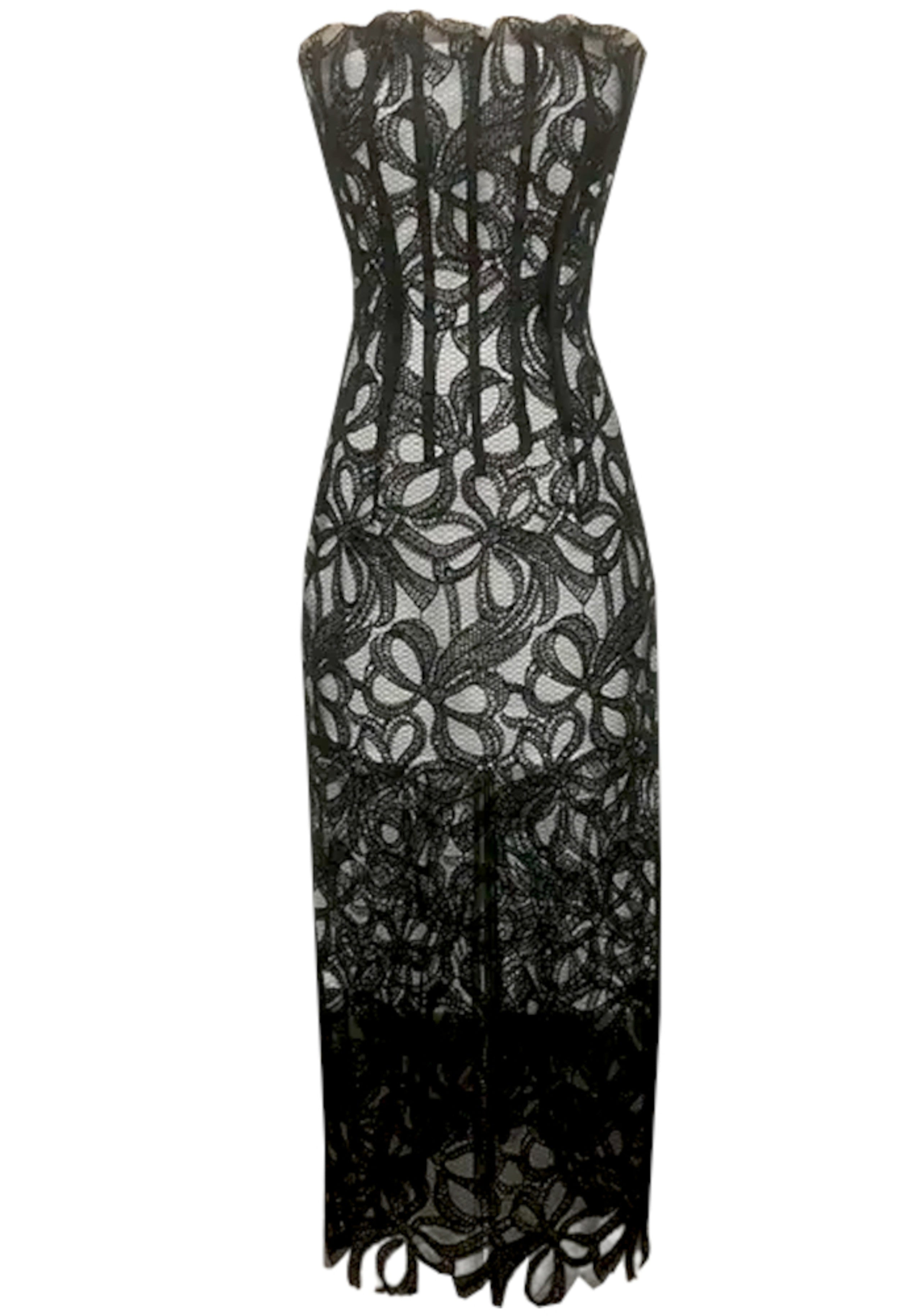 Avena Strapless Floral Corset Midi Dress In Black