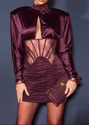 Geotra Long Sleeve Lace Corset Mini Dress In Burgundy