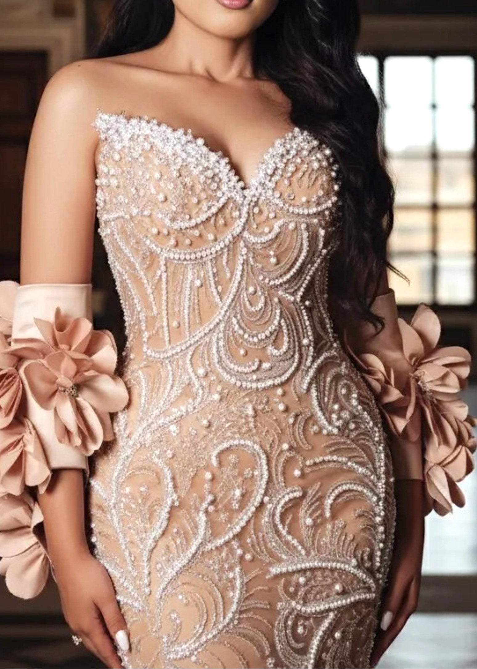 Lathrop Strapless Pearl Sequin Embellished Maxi Dress In Nude