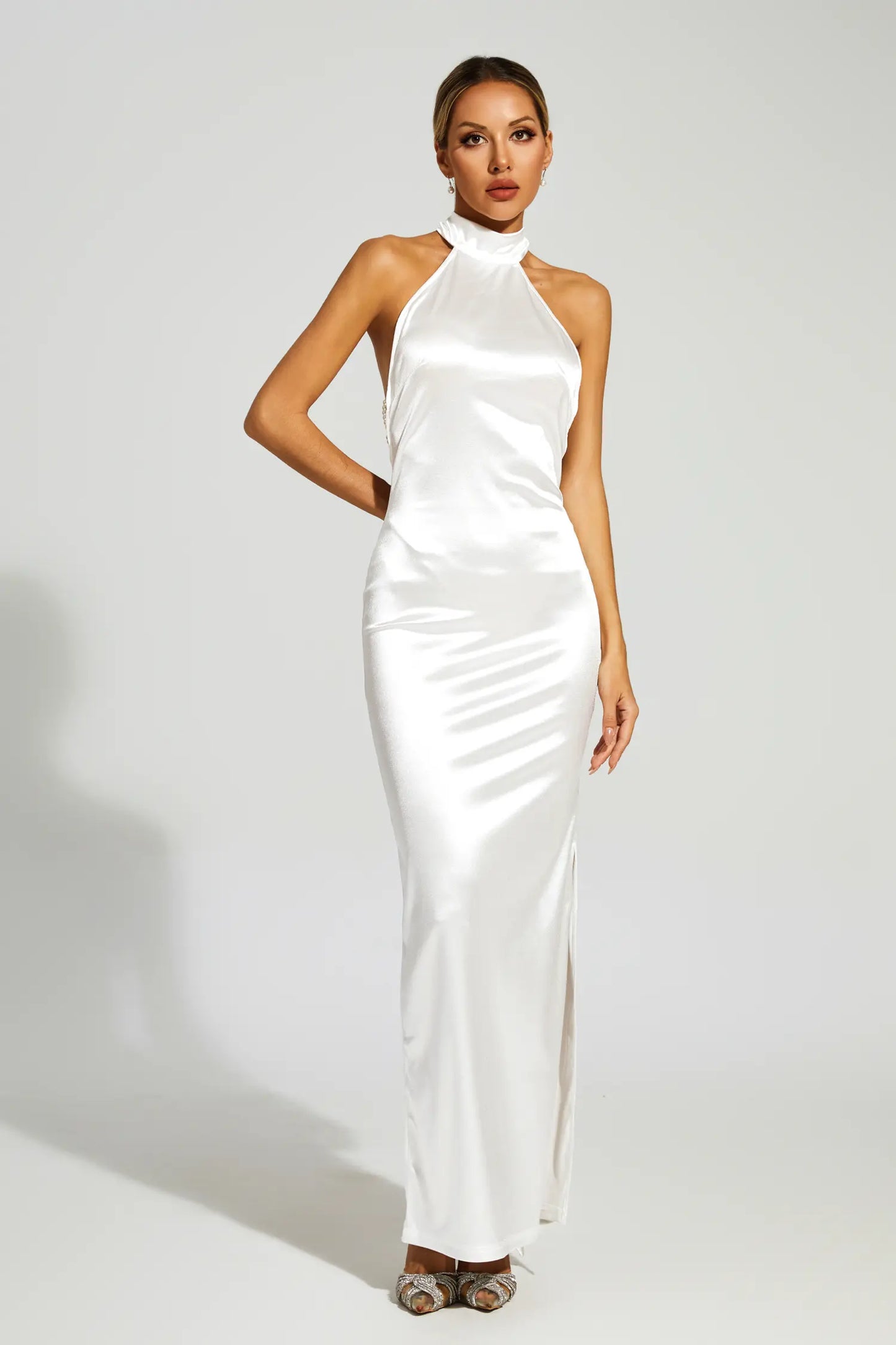 Halcyon Satin Belt Backless Pearl Embellished Maxi Dress In White