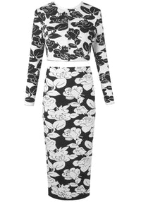Akim Long Sleeve Floral Two Piece Midi Dress In Black White