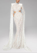 Olujimi Cape Sleeve Crystal Lace Maxi Dress