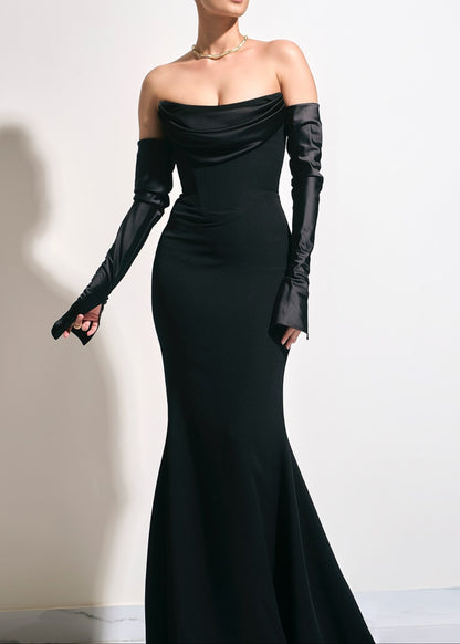 Radka Long Sleeve Strapless Draped Maxi Dress In Black