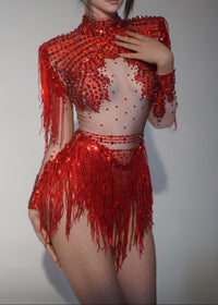 Paniz Rhinestone Fringe Bodysuit In Silver