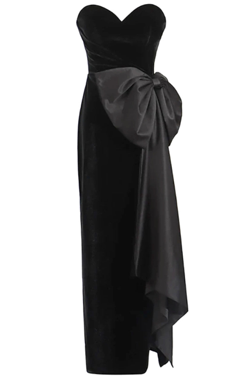 Faron Strapless Bow Maxi Velvet Dress In Black
