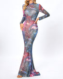 Lyn Long Sleeve Studded Maxi Dress In Galaxy