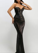 Crythia Strapless Lace Sequin Maxi Dress In Black