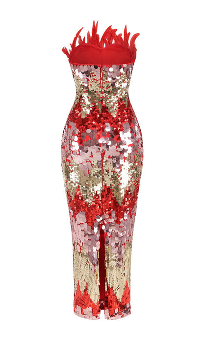 Acorn Red Gold Feather Sequin Maxi Dress