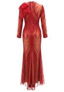 Fiorenza Long Sleeve Sequin Mesh Maxi Dress In Red