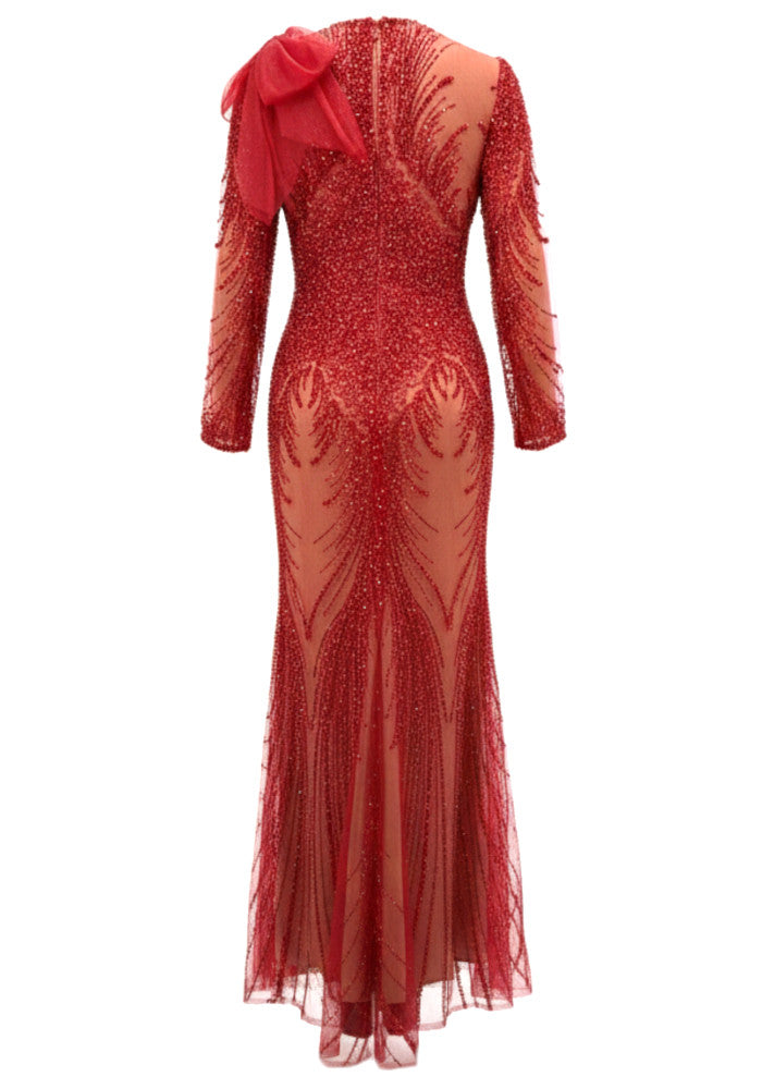Fiorenza Long Sleeve Sequin Mesh Maxi Dress In Red