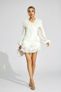 Aislyn 3D Flower Ruffle Trim Mini Dress In White