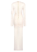 Ramesh Long Sleeve Mesh Insert Draped Maxi Dress In Apricot