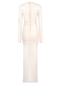 Ramesh Long Sleeve Mesh Insert Draped Maxi Dress In Apricot