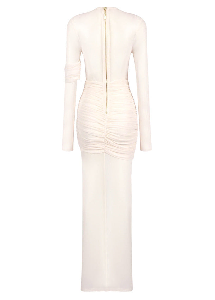 Ramesh Long Sleeve Mesh Insert Draped Maxi Dress In Apricot