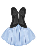 Albena Velvet Deep V Bow Puffy Mini Dress