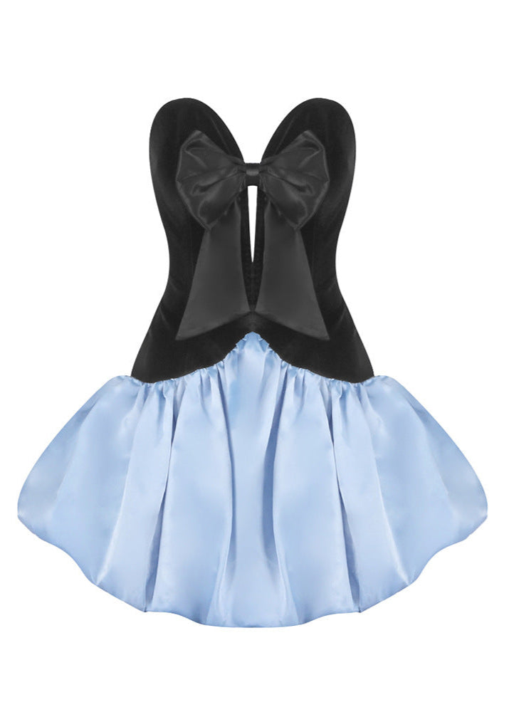 Albena Velvet Deep V Bow Puffy Mini Dress