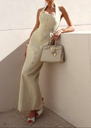 Revelle Halter Button Detail Maxi Dress In Ivory