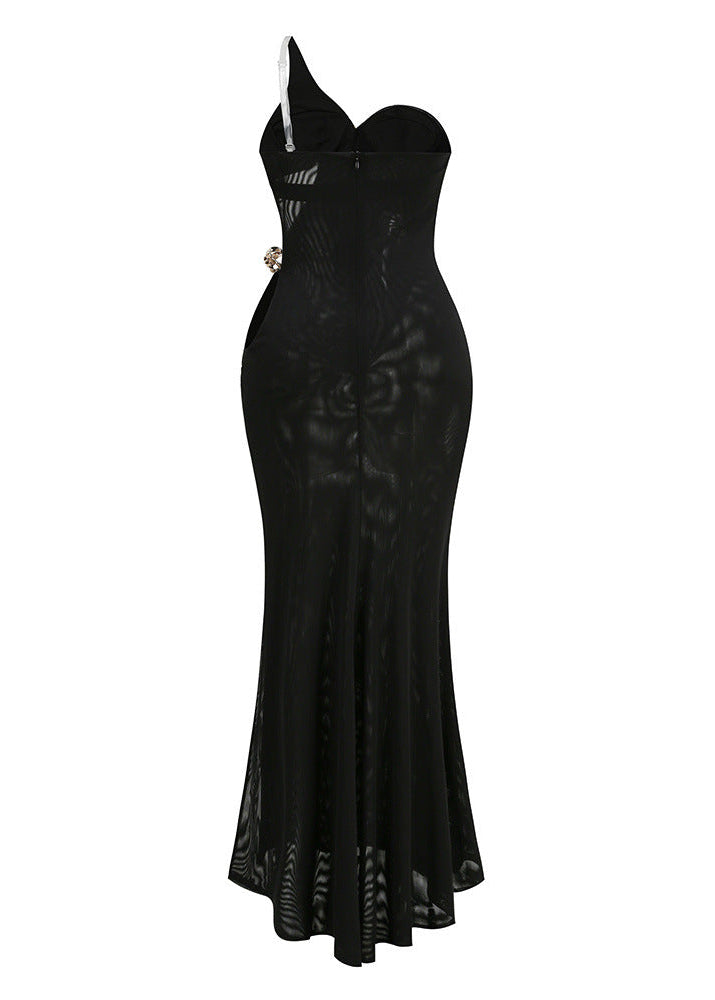 Qavrix One Shoulder Draped Maxi Dress