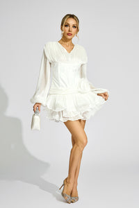 Aislyn 3D Flower Ruffle Trim Mini Dress In White