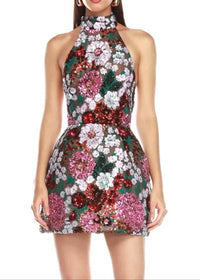 Reia Halter Sequin Floral Mini Dress