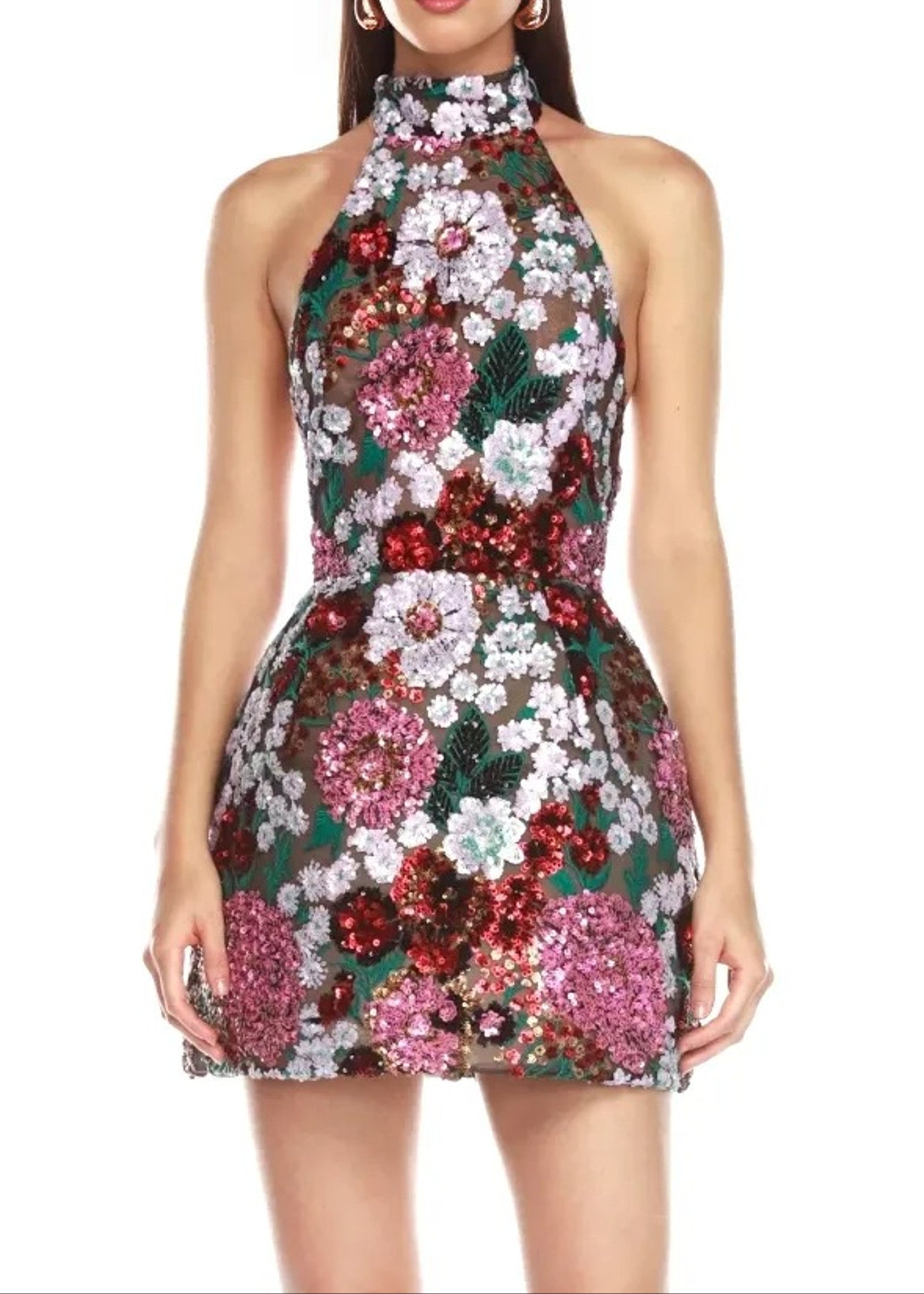 Reia Halter Sequin Floral Mini Dress