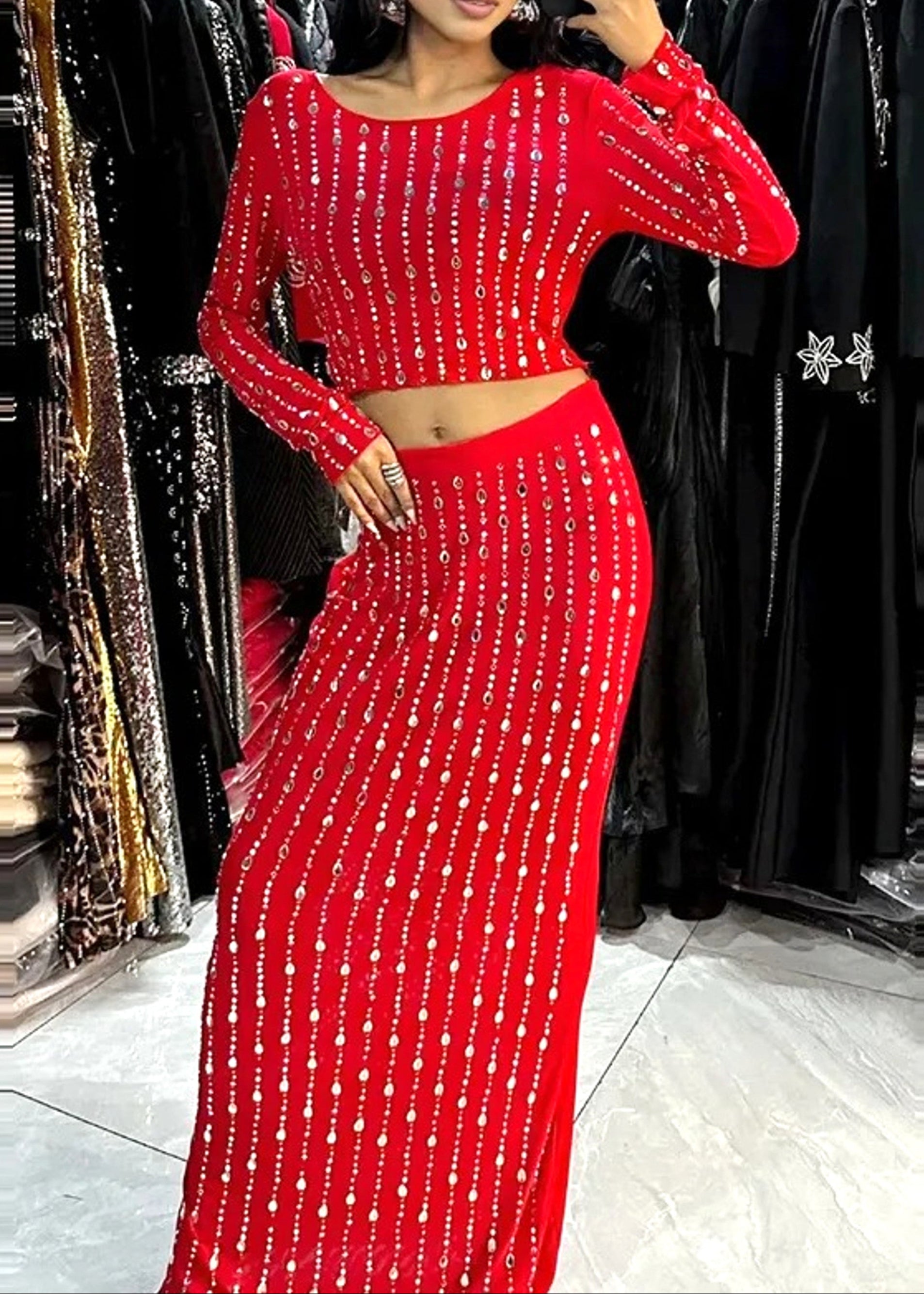 Relara Long Sleeve Crystal Maxi Two Piece Dress In Red