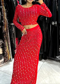 Relara Long Sleeve Crystal Maxi Two Piece Dress In Red