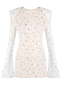 Jyrithia Long Sleeve Draped Sequin Lace Mini Dress In White