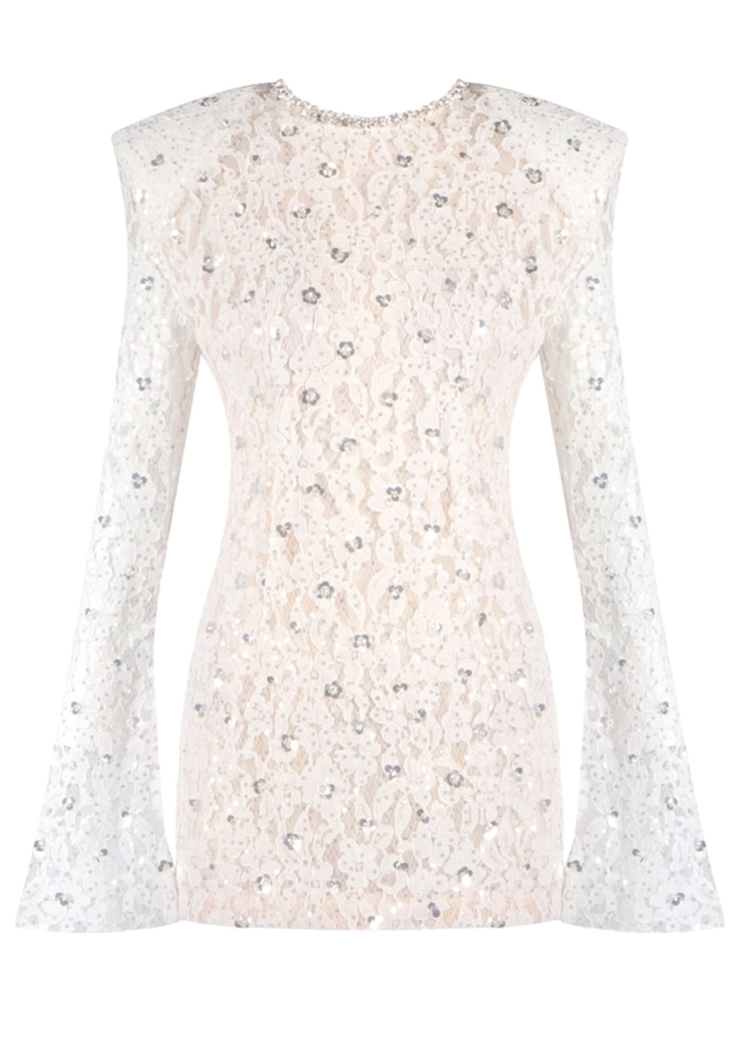 Jyrithia Long Sleeve Draped Sequin Lace Mini Dress In White