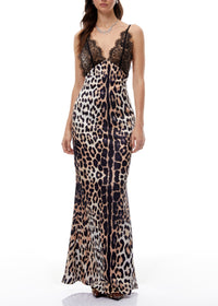 Beloria Brown Lace Panel Leopard Satin Maxi Dress