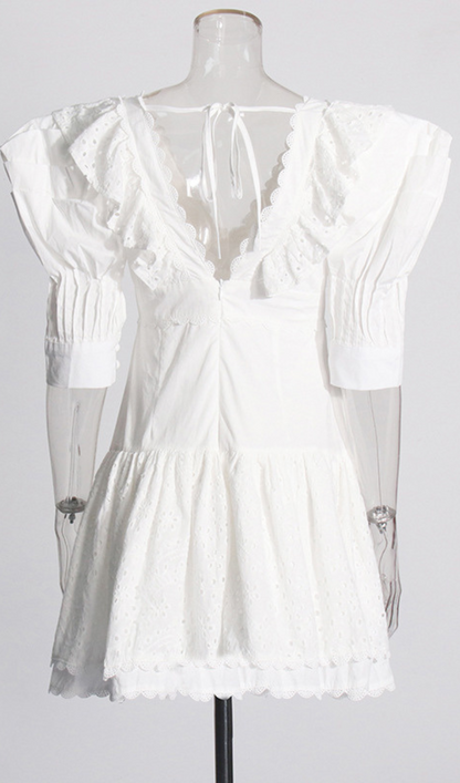 Makoto V-Neck Embroidered Ruffled Mini Dress In White