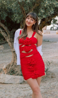 Aizen 3d Flower One Piece Swimsuit And Skirt In Red