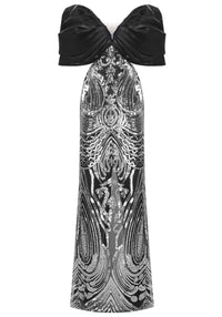 Kivin Draped Bardot Sequin Maxi Dress In Black
