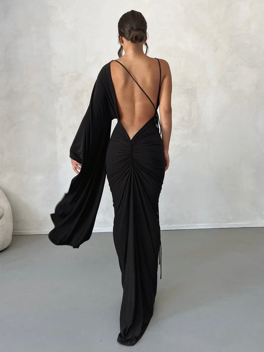 Kajol One Shoulder Sleeve Backless Maxi Dress In Black